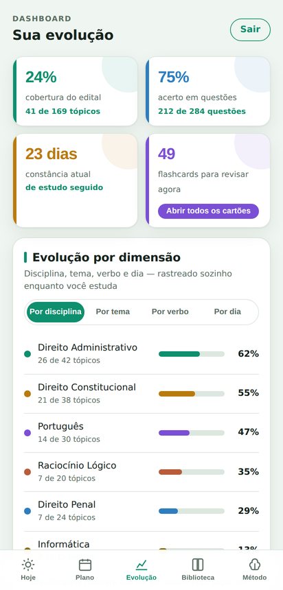 Painel de evolução por disciplina, tema, verbo e dia